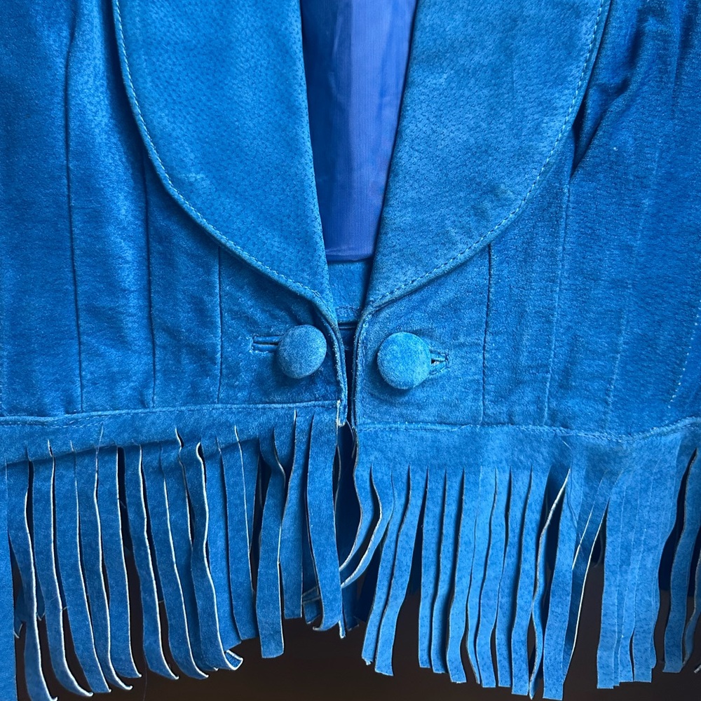 Women's Blue Suede Fringe Jacket - Picture 8 of 9